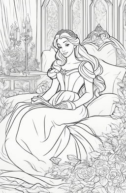 Disney-style coloring page featuring Princess Aurora in a peaceful slumber with elements from her story in the background.