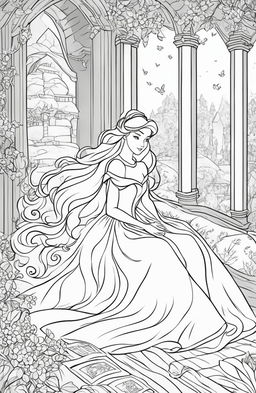 Disney-style coloring page featuring Princess Aurora in a peaceful slumber with elements from her story in the background.