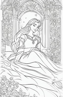 Disney-style coloring page featuring Princess Aurora in a peaceful slumber with elements from her story in the background.