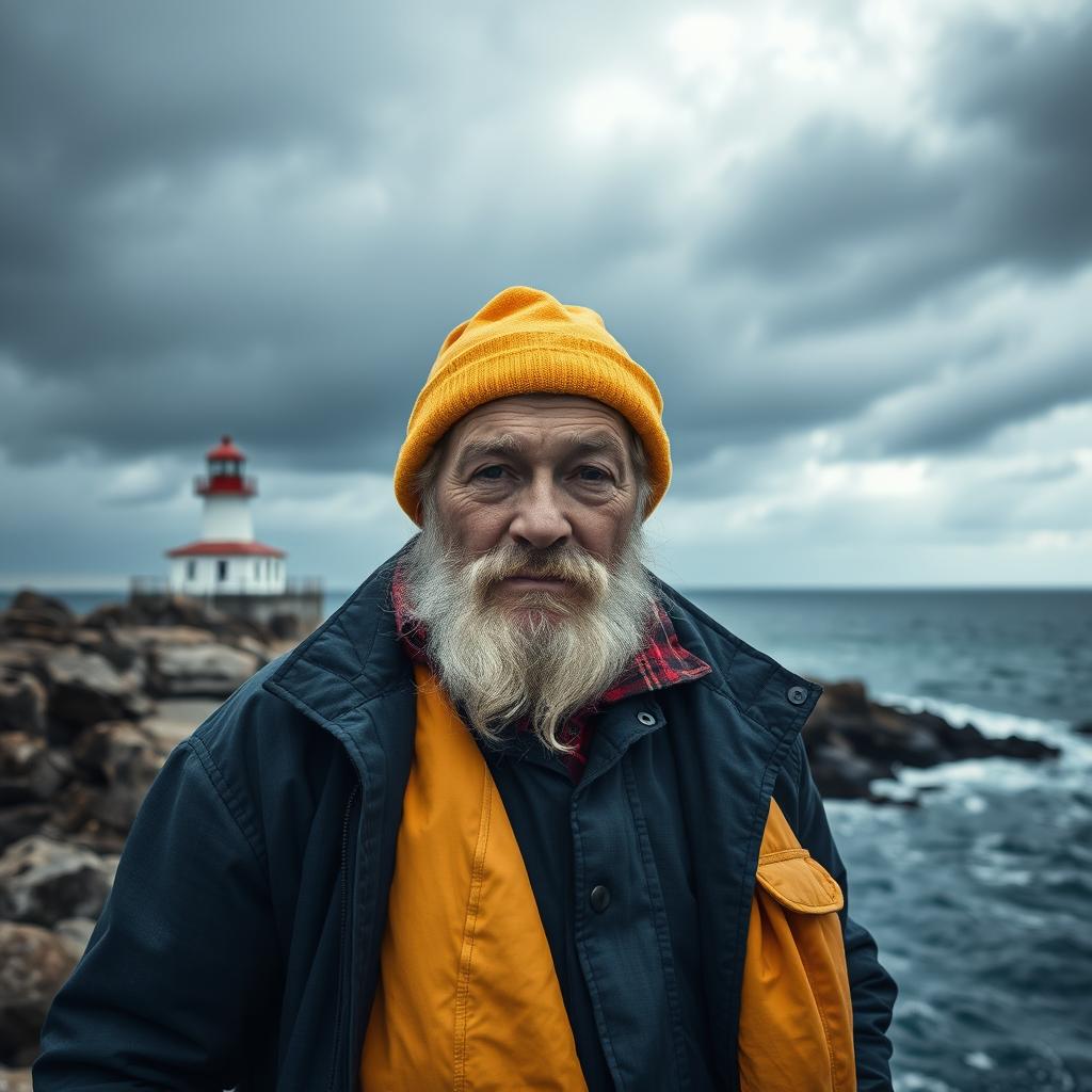 An old fisherman with a white beard, wearing a bright yellow hat and a dark blue coat, stands confidently in the foreground