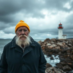 An old fisherman with a white beard, wearing a bright yellow hat and a dark blue coat, stands confidently in the foreground