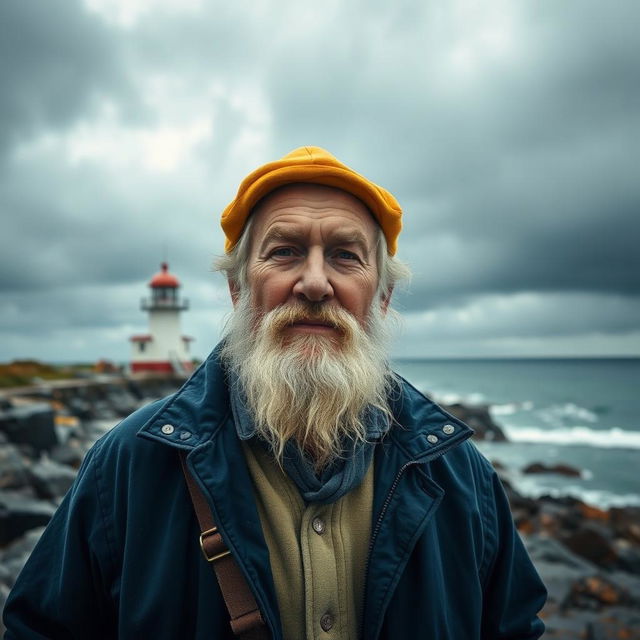 An old fisherman with a white beard, wearing a bright yellow hat and a dark blue coat, stands confidently in the foreground