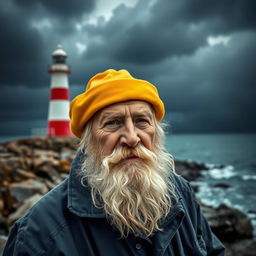 An old fisherman with a white beard, wearing a bright yellow hat and a dark blue coat, stands confidently in the foreground