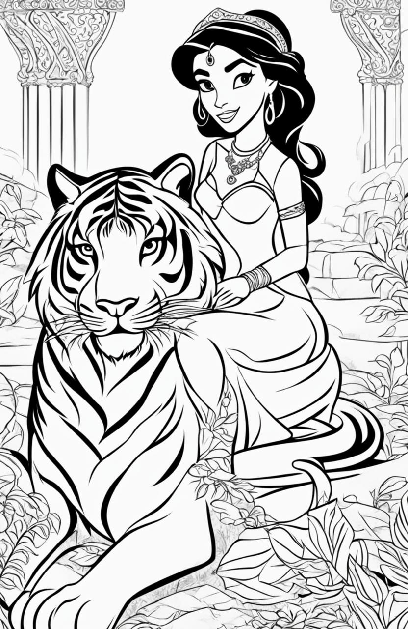 Disney-style coloring page featuring Princess Jasmine with her pet tiger Rajah and elements from her story in the background.