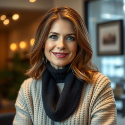 A woman aged between 30 and 45 years, with chestnut brown hair and a European appearance, elegantly dressed in a fashionable and cozy sweater