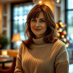 A woman aged between 30 and 45 years, with chestnut brown hair and a European appearance, elegantly dressed in a fashionable and cozy sweater
