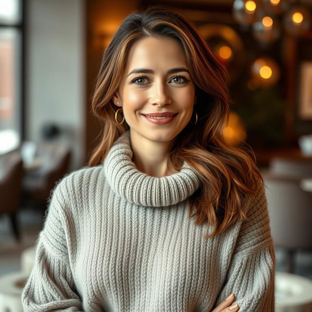 A woman aged between 30 and 45 years, with chestnut brown hair and a European appearance, elegantly dressed in a fashionable and cozy sweater