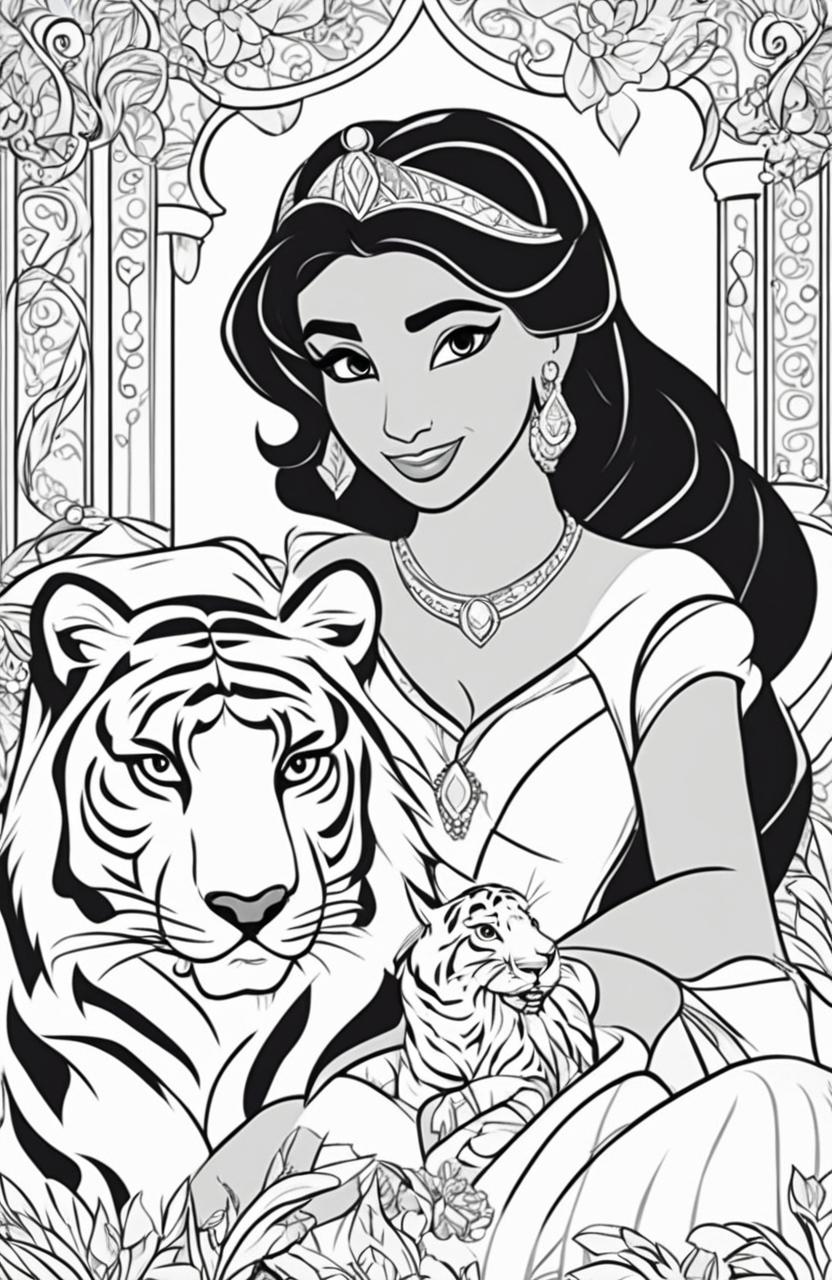 Disney-style coloring page featuring Princess Jasmine with her pet tiger Rajah and elements from her story in the background.