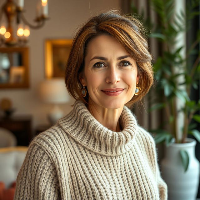 A woman aged between 30 and 45 years, featuring chestnut brown hair and a European appearance, wearing a stylish and cozy sweater