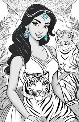 Disney-style coloring page featuring Princess Jasmine with her pet tiger Rajah and elements from her story in the background.