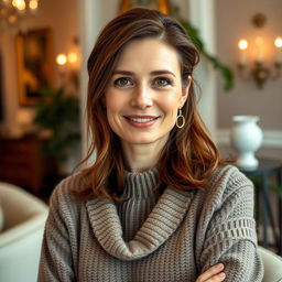 A woman aged between 30 and 45 years, featuring chestnut brown hair and a European appearance, wearing a stylish and cozy sweater