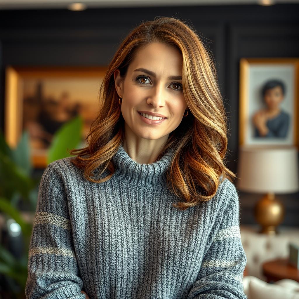 A woman aged between 30 and 45 years, featuring chestnut brown hair and a European appearance, wearing a stylish and cozy sweater