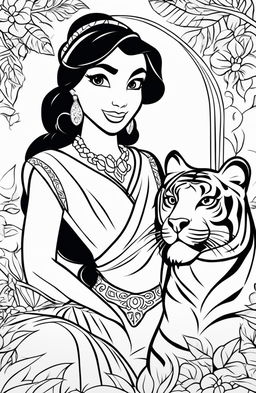 Disney-style coloring page featuring Princess Jasmine with her pet tiger Rajah and elements from her story in the background.