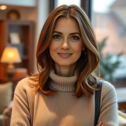 A woman aged between 30 and 45 years, showcasing chestnut brown hair and a European appearance, elegantly dressed in a stylish and comfortable sweater