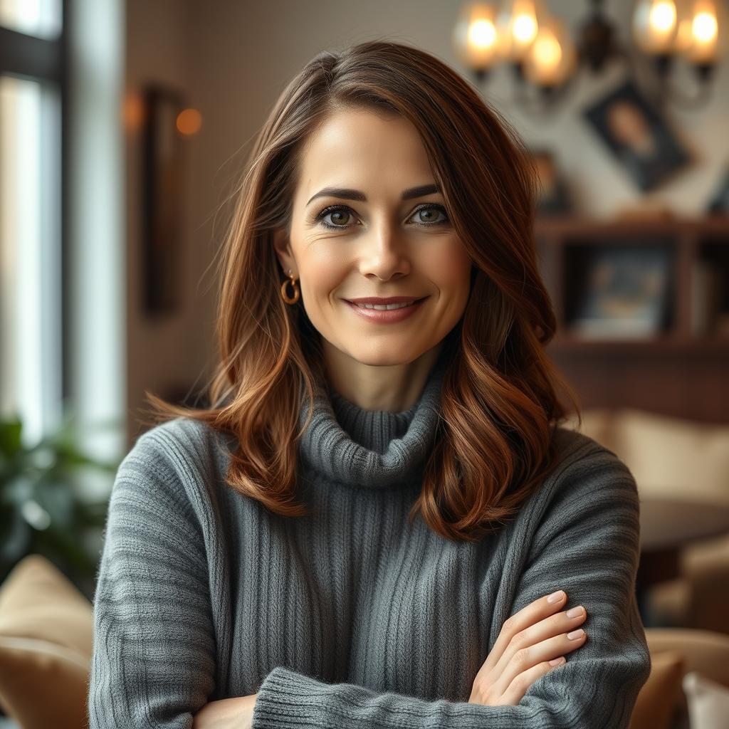 A woman aged between 30 and 45 years, showcasing chestnut brown hair and a European appearance, elegantly dressed in a stylish and comfortable sweater