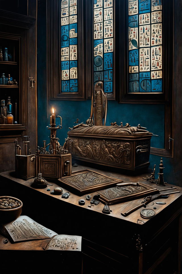 An Egyptian sarcophagus on a 1500s practitioner's work table in London, surrounded by period medical equipment and lit by candlelight