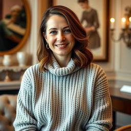 A woman aged between 30 and 45 years, with chestnut brown hair and a European appearance, dressed in a stylish and cozy sweater