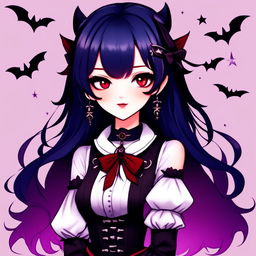 Anime-style vampire girl profile picture with large crimson and amethyst eyes, midnight blue hair with bat-wing clips, cute fang peeking from parted lips, dressed in Victorian-inspired outfit against a twilight gradient background with stars and crescent moon