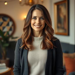 A woman aged between 30 and 45 years, with chestnut brown hair and a distinct European appearance, dressed in a stylish and soft sweater