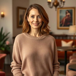 A woman aged between 30 and 45 years, with chestnut brown hair and a distinct European appearance, dressed in a stylish and soft sweater