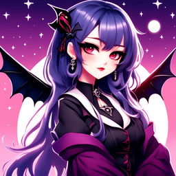 Anime-style vampire girl profile picture with large crimson and amethyst eyes, midnight blue hair with bat-wing clips, cute fang peeking from parted lips, dressed in Victorian-inspired outfit against a twilight gradient background with stars and crescent moon