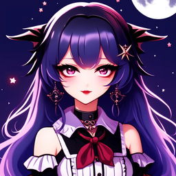 Anime-style vampire girl profile picture with large crimson and amethyst eyes, midnight blue hair with bat-wing clips, cute fang peeking from parted lips, dressed in Victorian-inspired outfit against a twilight gradient background with stars and crescent moon