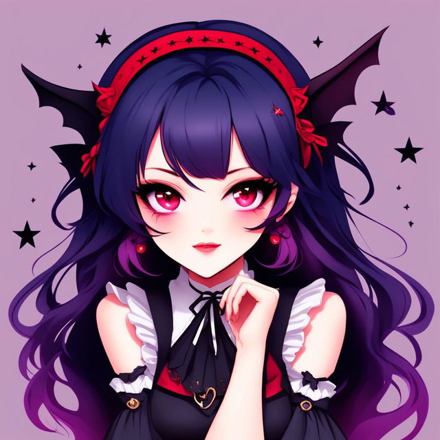 Anime-style vampire girl profile picture with large crimson and amethyst eyes, midnight blue hair with bat-wing clips, cute fang peeking from parted lips, dressed in Victorian-inspired outfit against a twilight gradient background with stars and crescent moon