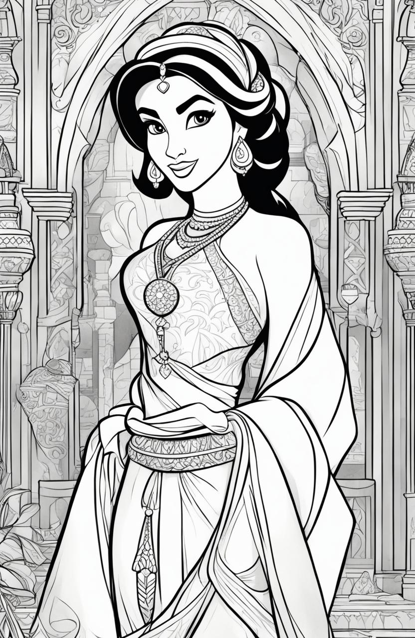 Coloring page of Disney's Princess Jasmine in her iconic outfit, standing in front of Agrabah palace.