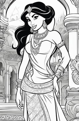 Coloring page of Disney's Princess Jasmine in her iconic outfit, standing in front of Agrabah palace.