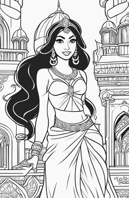 Coloring page of Disney's Princess Jasmine in her iconic outfit, standing in front of Agrabah palace.