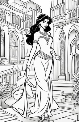 Coloring page of Disney's Princess Jasmine in her iconic outfit, standing in front of Agrabah palace.