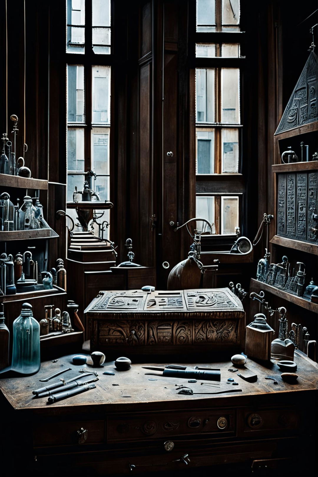 A traditional Egyptian sarcophagus in a 16th-century London practitioner's workspace, depicted in the style of a Sherlock Holmes film