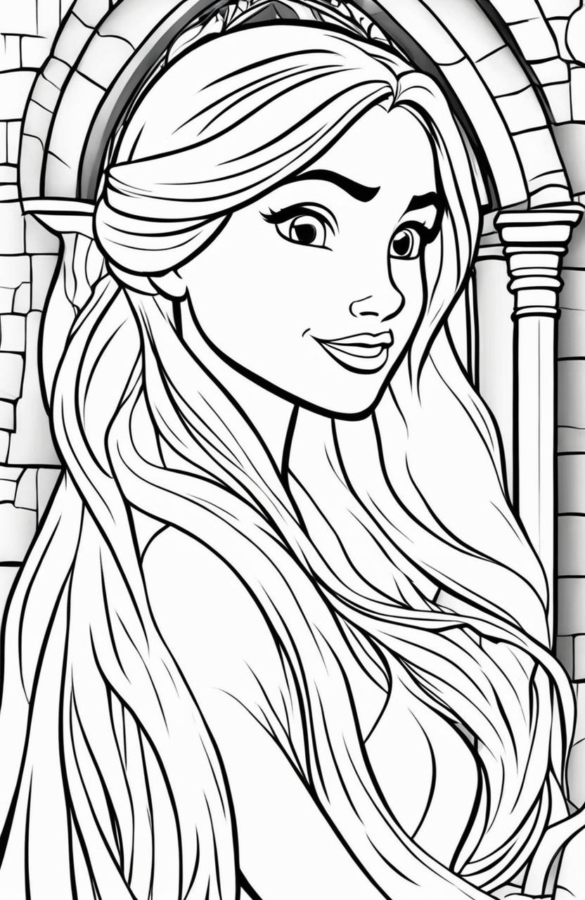 Coloring page of Disney's Princess Rapunzel with her long hair, in front of her tower.