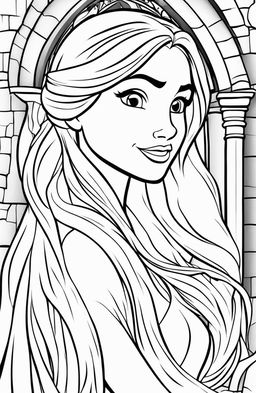 Coloring page of Disney's Princess Rapunzel with her long hair, in front of her tower.