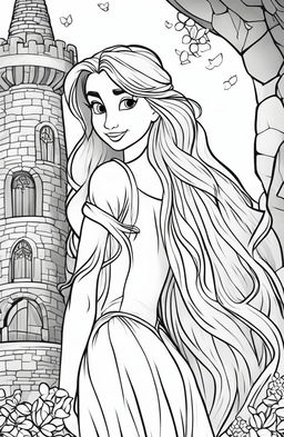 Coloring page of Disney's Princess Rapunzel with her long hair, in front of her tower.