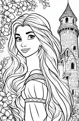 Coloring page of Disney's Princess Rapunzel with her long hair, in front of her tower.