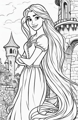 Coloring page of Disney's Princess Rapunzel with her long hair, in front of her tower.