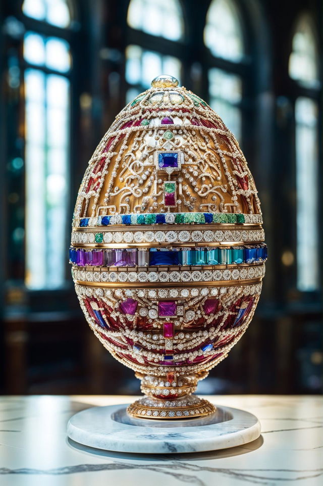 A spectacular Fabergé egg opened under warm museum display lighting, with light streaming through marble windows adorned with Victorian curtains