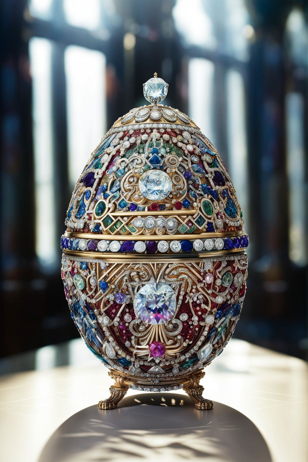 An ornate and amusing Fabergé surprise revealed inside a spectacular Fabergé egg under warm museum display lighting.