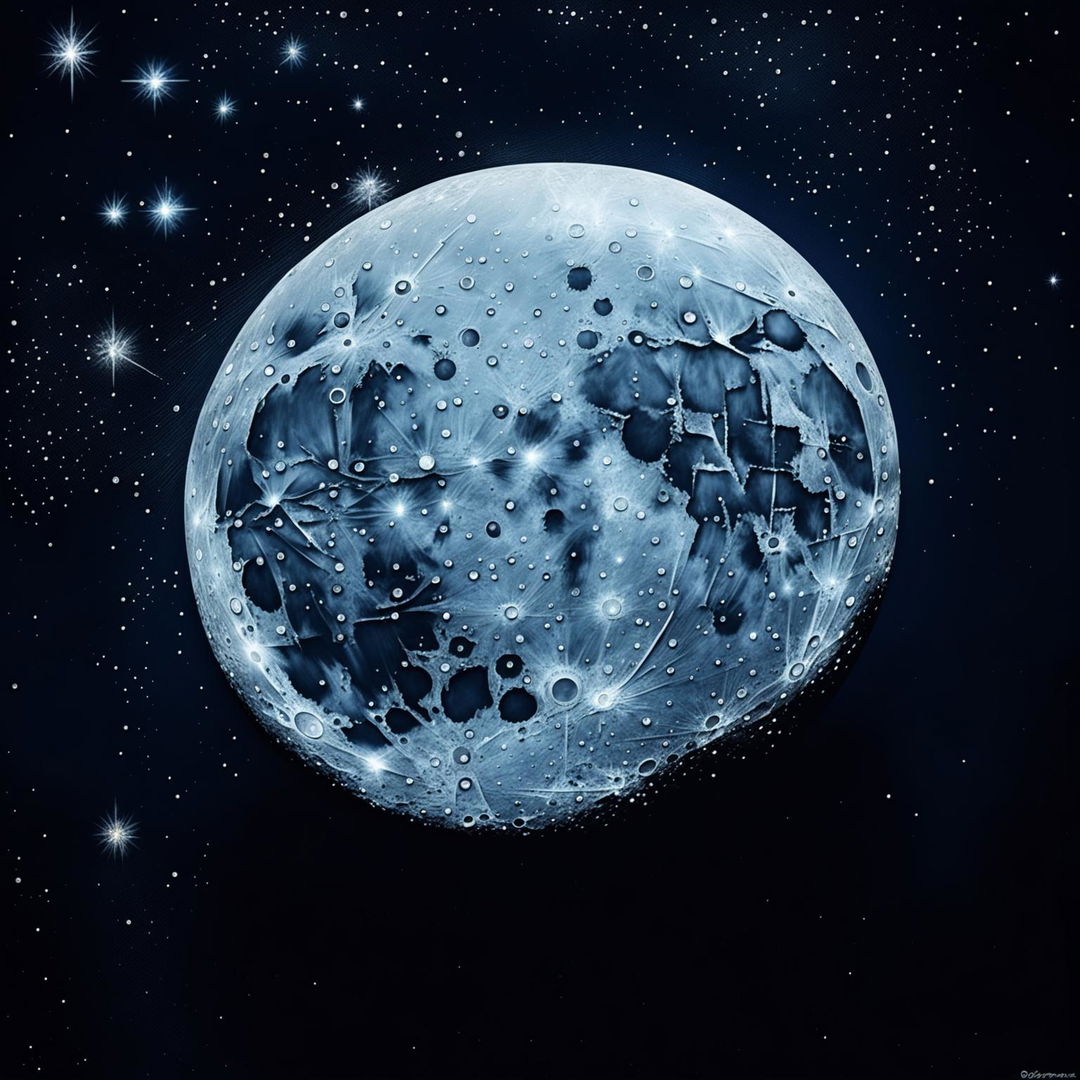 A detailed digital art of the full moon against a star-studded night sky.