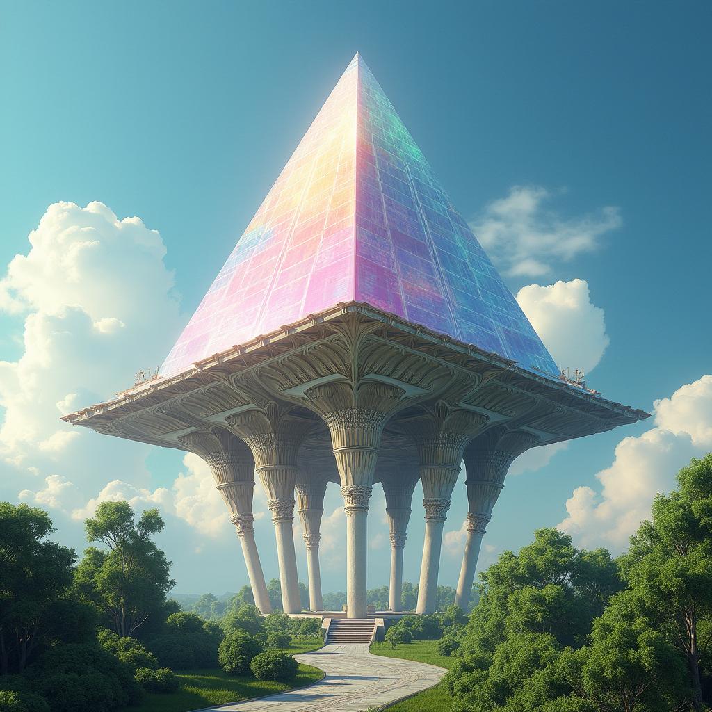 A stunning thousand meter tall crystalline pyramid on stilts, designed in a vintage retro architecture style