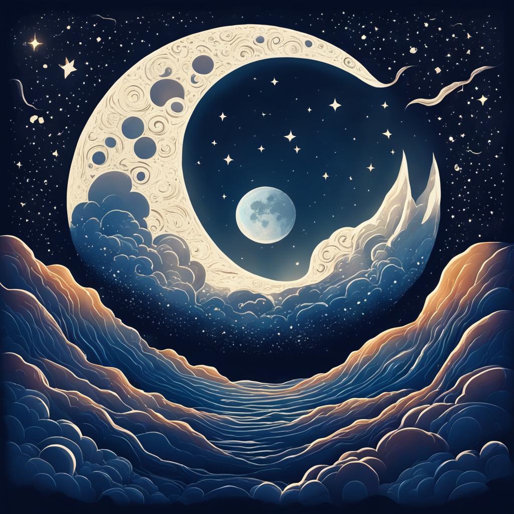 A full moon with detailed craters and valleys in the style of a Pokémon illustration against a star-studded night sky.