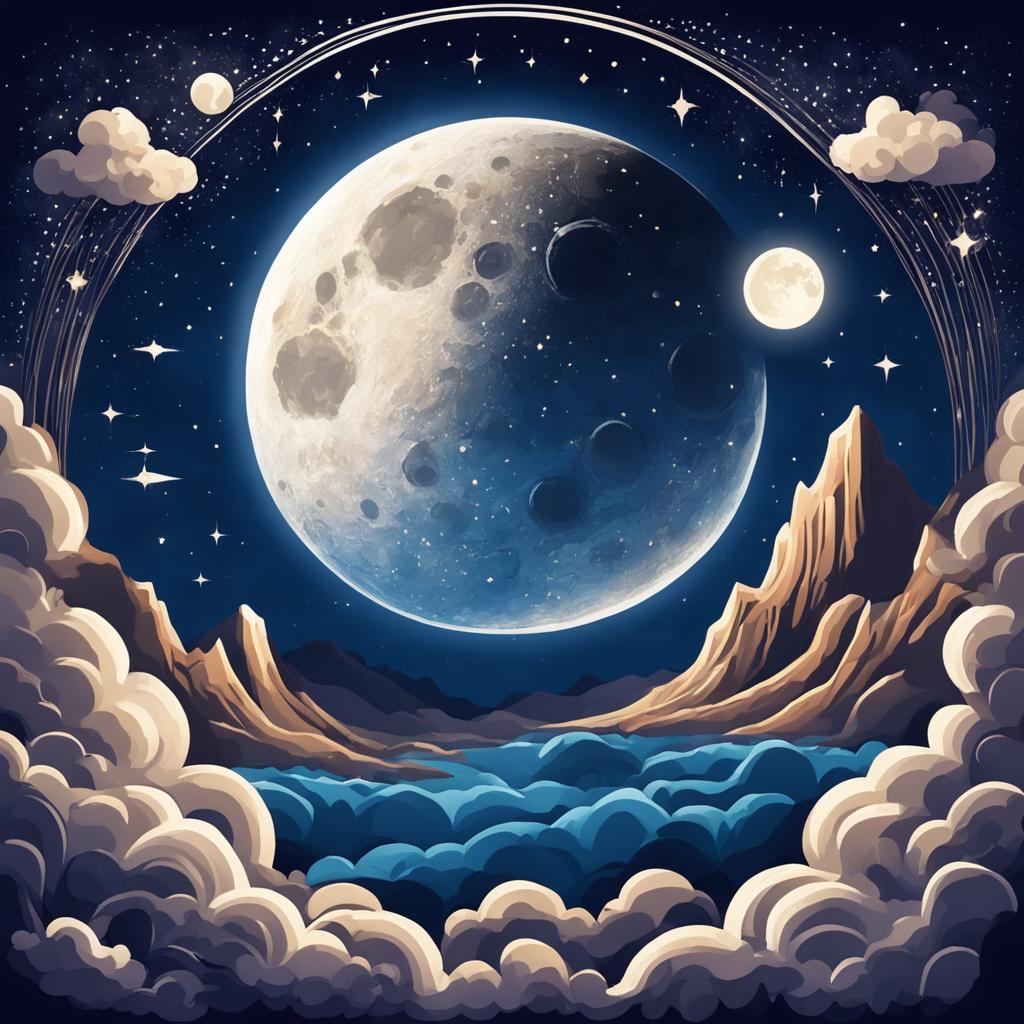 A full moon with detailed craters and valleys in the style of a Pokémon illustration against a star-studded night sky.