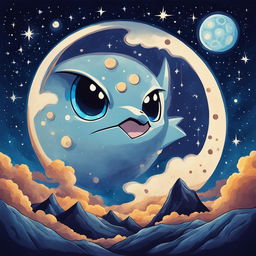 A full moon with detailed craters and valleys in the style of a Pokémon illustration against a star-studded night sky.