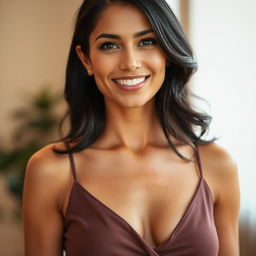 A portrait of a beautiful 35-year-old woman with tanned skin and dark hair, wearing an elegant sleeveless top