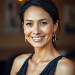 A portrait of a beautiful 35-year-old woman with tanned skin and dark hair, wearing an elegant sleeveless top
