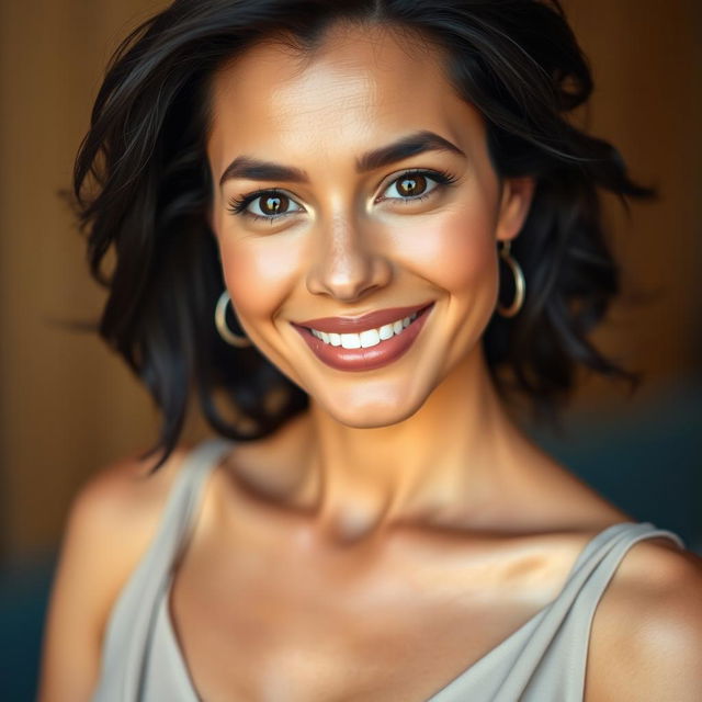 A portrait of a beautiful 35-year-old woman with tanned skin and dark hair, wearing an elegant sleeveless top