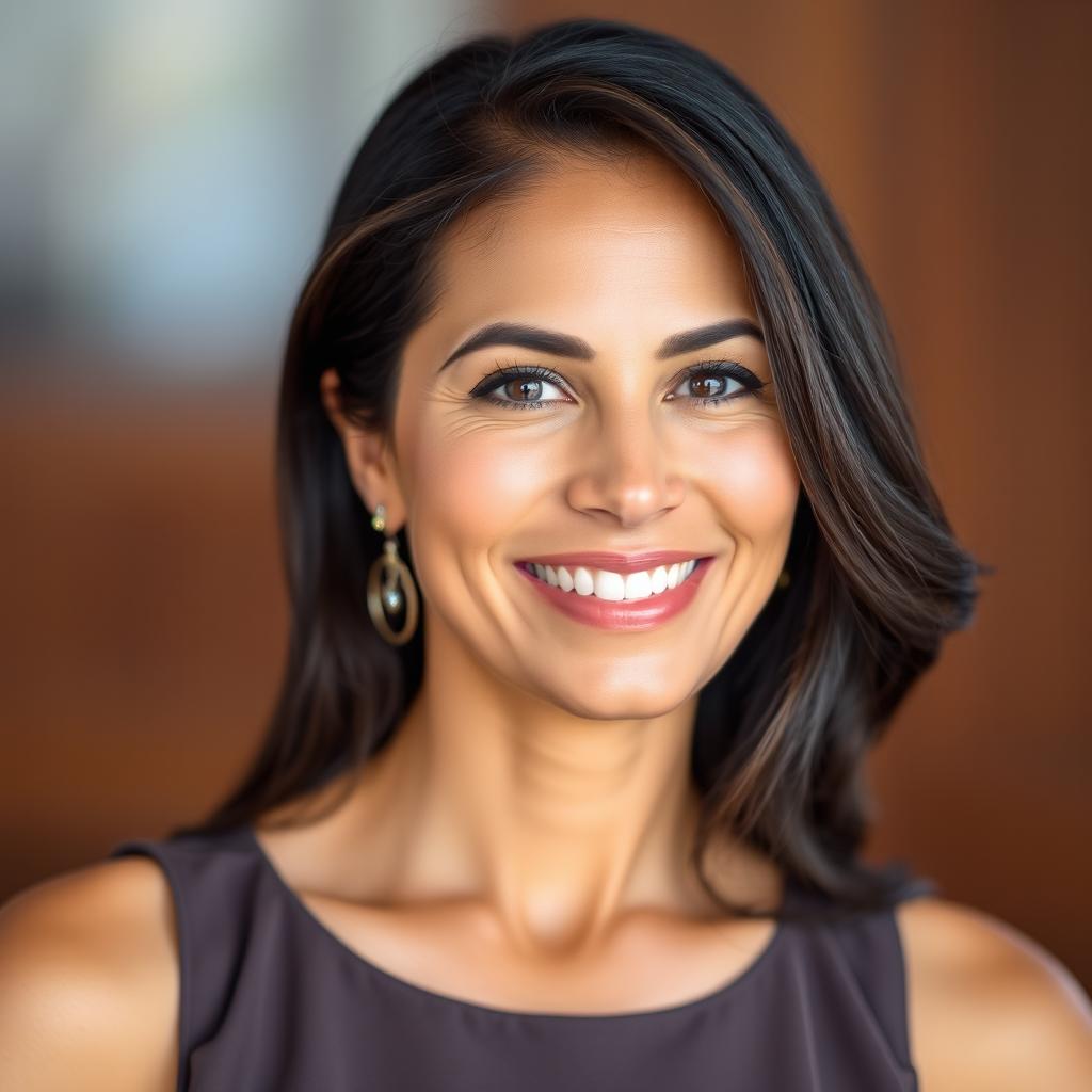 A portrait of a beautiful 35-year-old woman with tanned skin and dark hair, wearing an elegant sleeveless top
