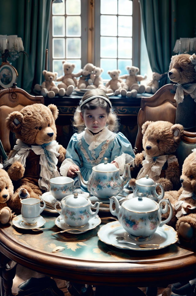 Victorian-era scene with ornate antique tea set on noblechild's table, teddy bears seated around it and child in baby blue dress sipping tea