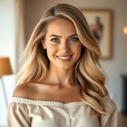 A stunning 35-year-old woman with European features and flowing blond hair, styled elegantly